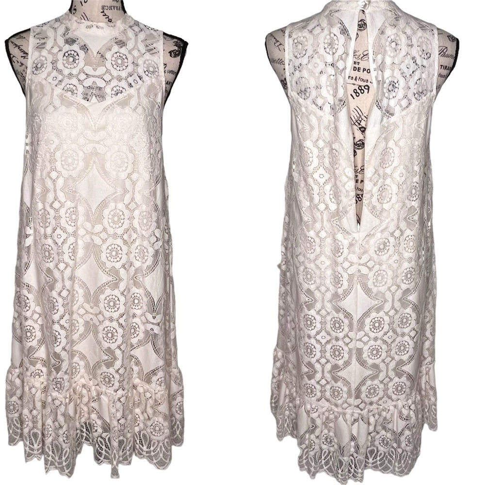 Anthropologie Floreat Ivory Manon Lace Sleeveless Overlay Dress Dress Size 4 - Picture 2 of 15